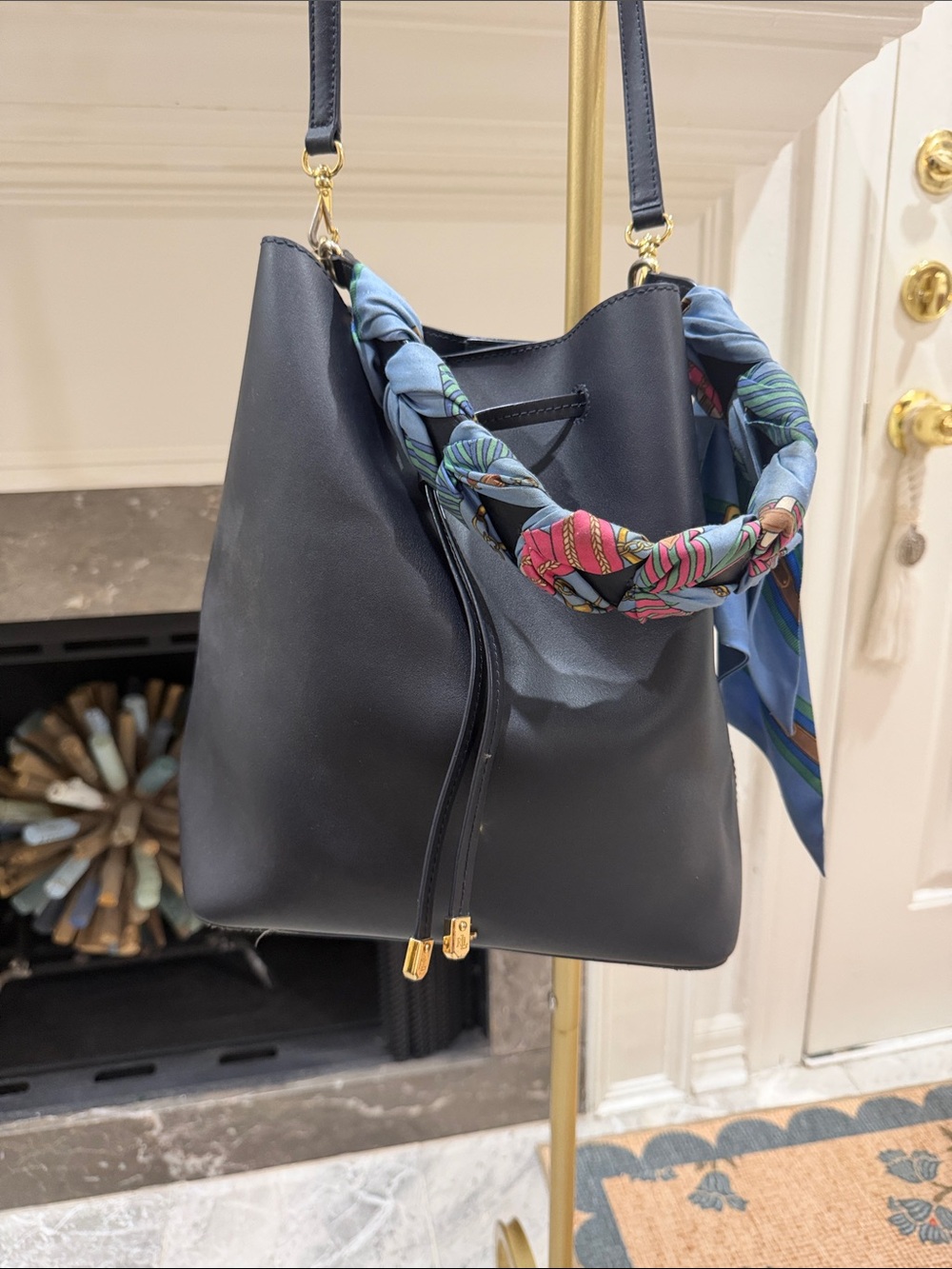 Ralph Lauren Navy Leather Shoulder Bucket Bag with Patterned Scarf